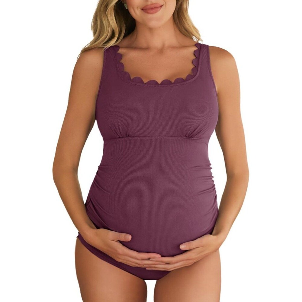 Ribbed Maternity One Piece Swimsuit Scalloped Cut Out Pregnancy Bathing Suit M